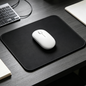 Minimalist solid black mouse pad; waterproof, non-slip, and spill-resistant fabric; stitched edges; suitable for home and office.