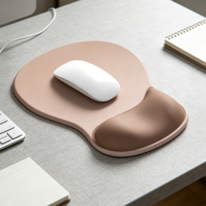 Mocha-sand ergonomic wrist-rest mouse pad; non-slip base; comfortable wrist support; stylish desk accessory for gaming.