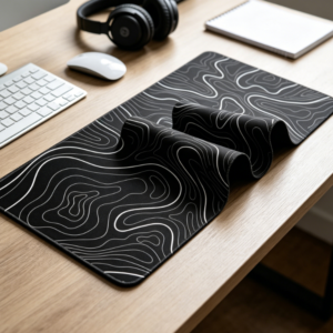 Black-and-white topographic pattern extended desk mat; non-slip rubber base; combined keyboard and mouse gaming mat.