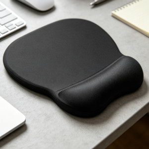 Black ergonomic gel wrist-rest mouse pad; smooth surface; non-slip PU base; relieves office-related wrist discomfort.