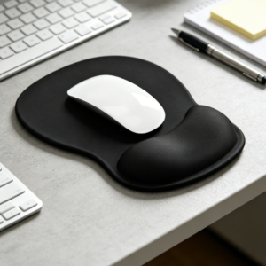 Contoured gel wrist-rest mouse pad; relieves wrist strain; non-slip base; ergonomic desk mat.