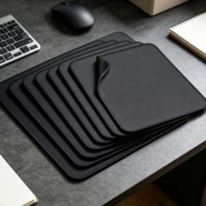 Bulk-pack thickened black mouse pad; reinforced stitched edges; washable; non-slip rubber base; smooth control.