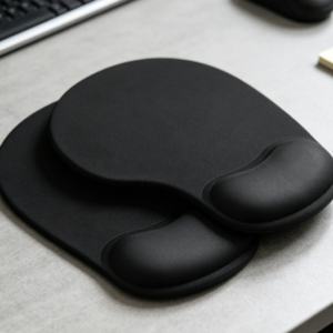 Two-pack black wrist-rest mouse pads; smooth Lycra surface; non-slip PU base; easy to clean; relieves typing soreness.