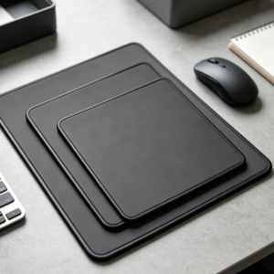 Standard black stitched-edge mouse pad; non-slip rubber base; compatible with all computer mice; home/office use.