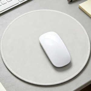 Minimalist grey round mouse pad featuring a waterproof, non-slip design and stitched edges; suitable for students, office work, and gaming
