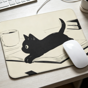 Cute cartoon black cat mouse pad with a non-slip rubber base and stitched edges; portable, soft pad for home or office desktops