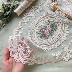 Retro Crochet Lace Placemats Pack of 2, Hand Stitched Embroidered Table Mats, Multi Functional Beige Mats for Dining Surfaces and Cup Placement