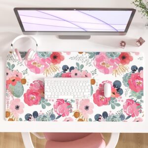 Floral Printed PU Leather Desktop Mat For Ladies, Water Resistant Extended Gaming Mouse Pad, Multi Purpose Writing Surface Mat For School, Office And Household